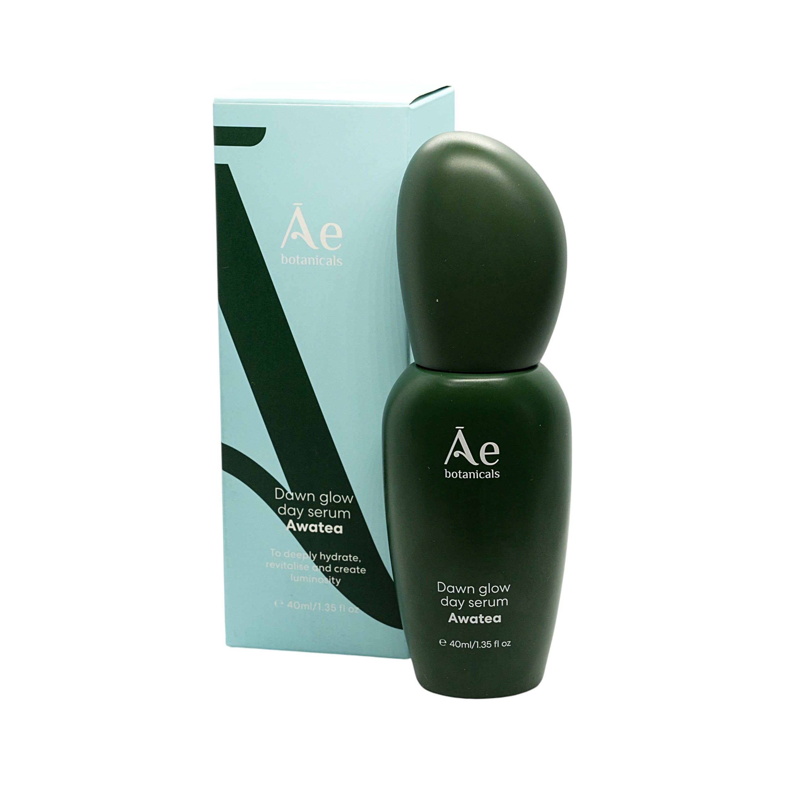 Green skincare serum bottle with packaging on a white background