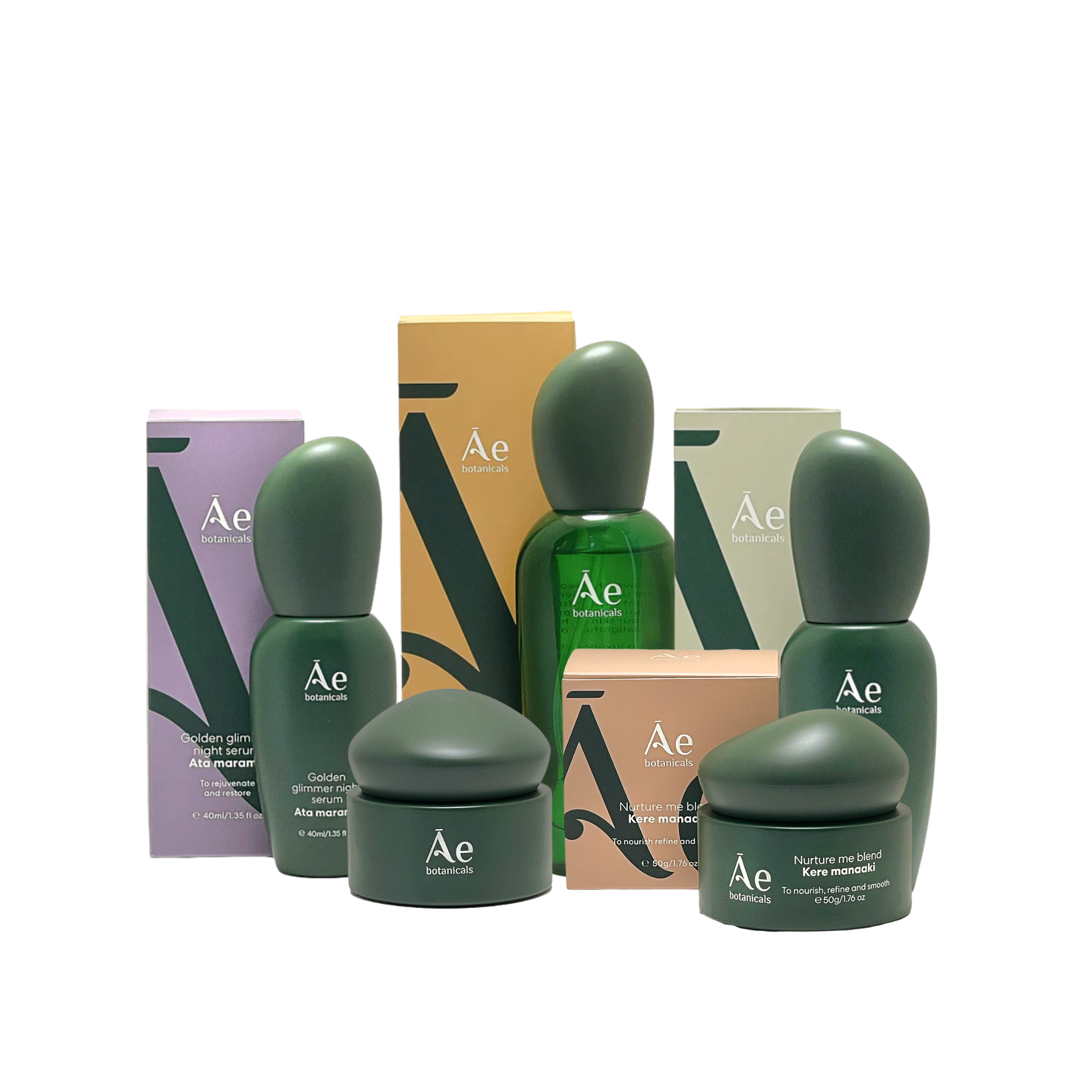 Collection of green skincare products with boxes featuring the brand &