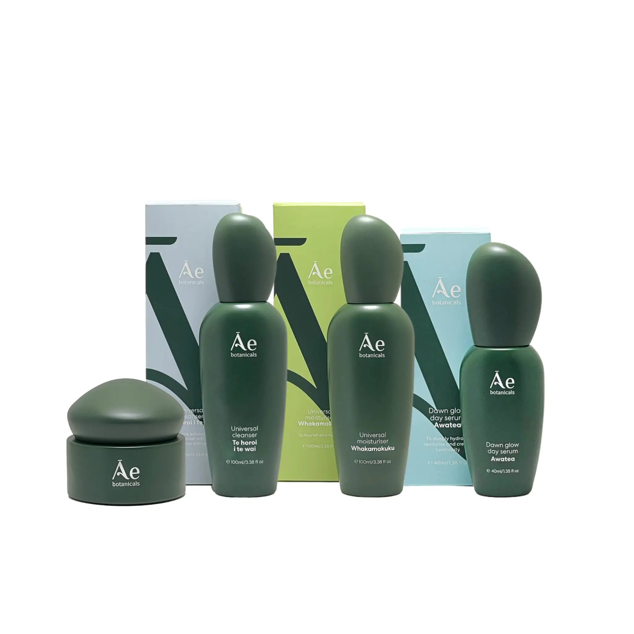 Set of green skincare products with boxes on a white background