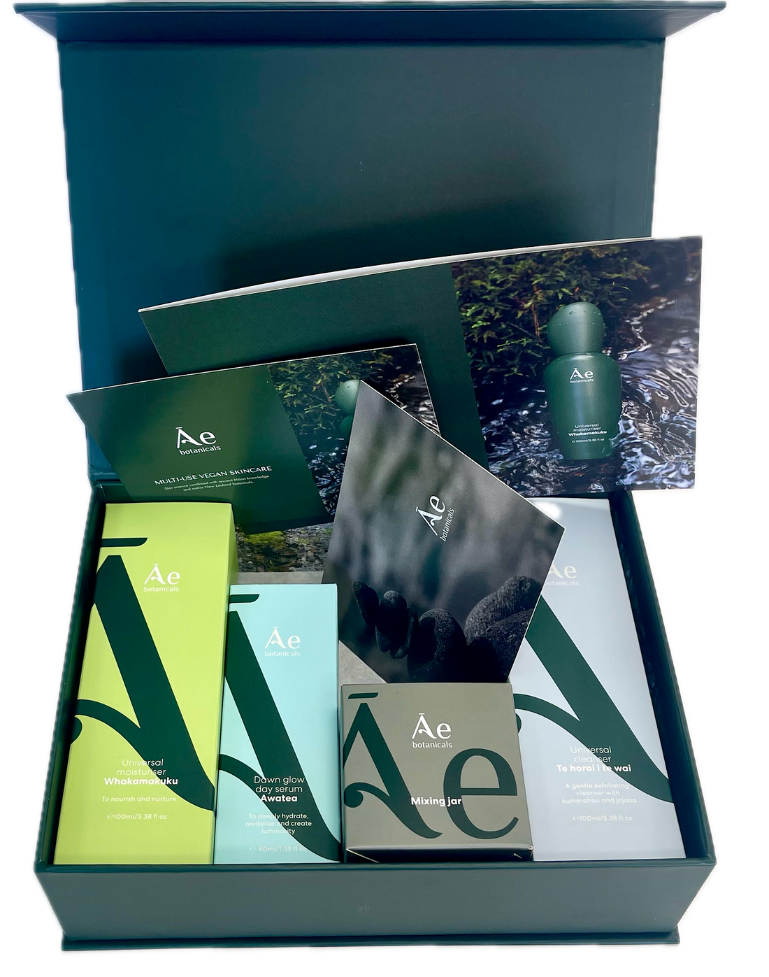 Collection of Ae skincare products in a box with various packaging including bottles, boxes, and packets.