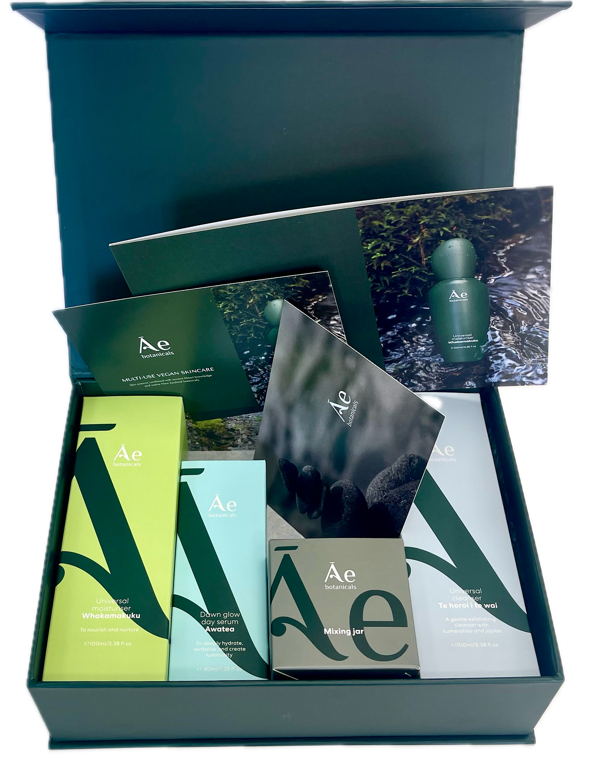 Collection of Ae skincare products in a box with various packaging including bottles, boxes, and packets.