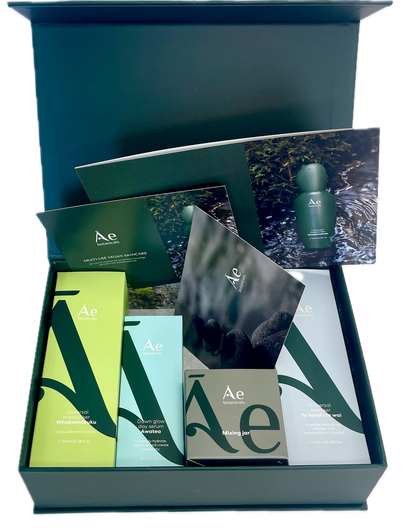 Collection of Ae skincare products in a box with various packaging including bottles, boxes, and packets.